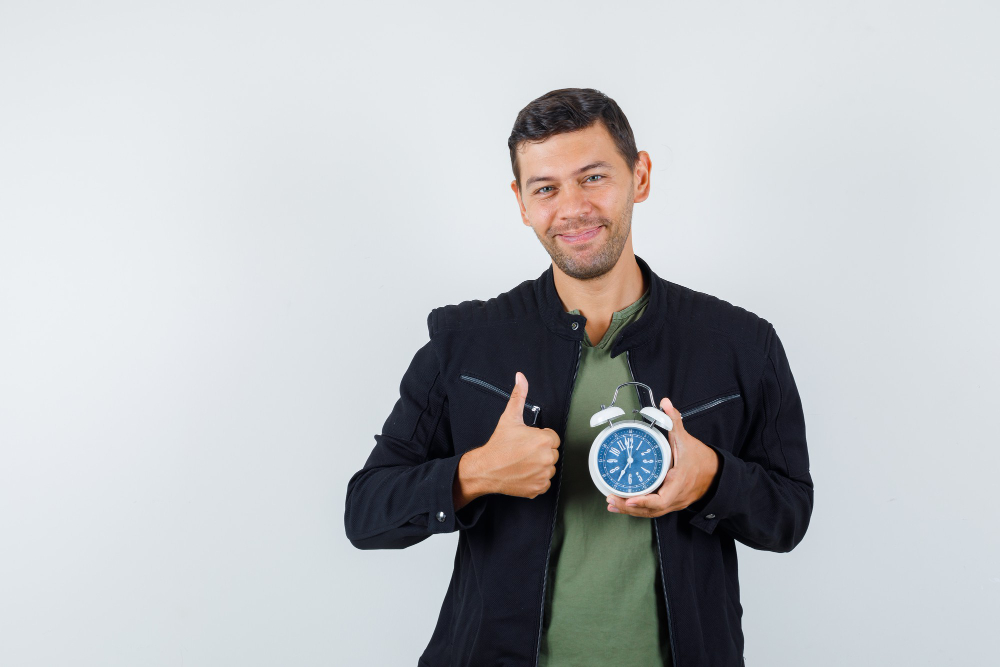 young male holding alarm clock with thumb up in t-shirt, jacket and looking cheerful