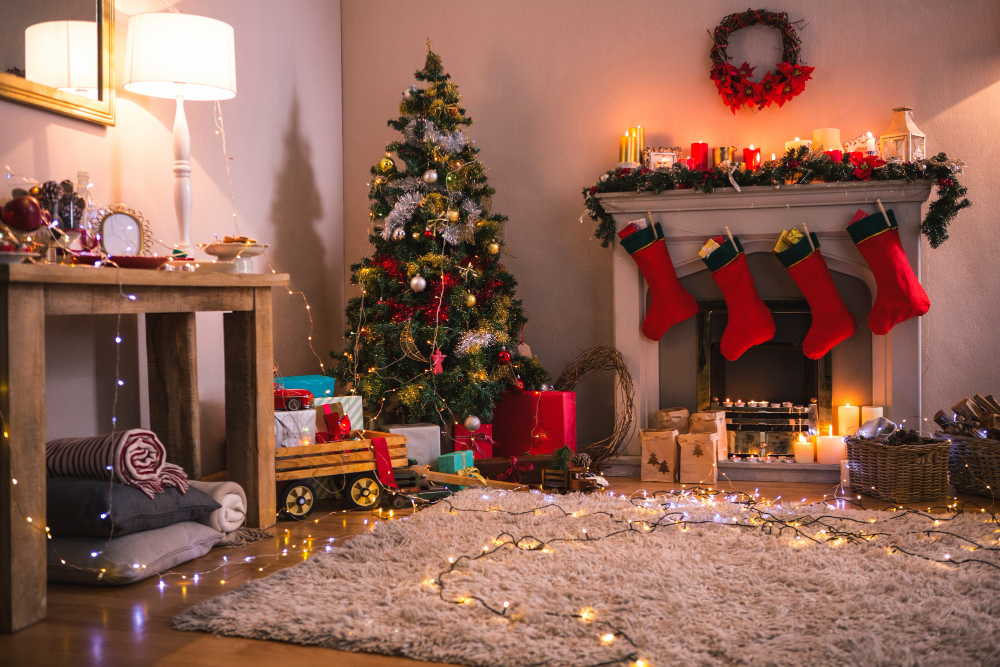 living room with fireplace christmas tree