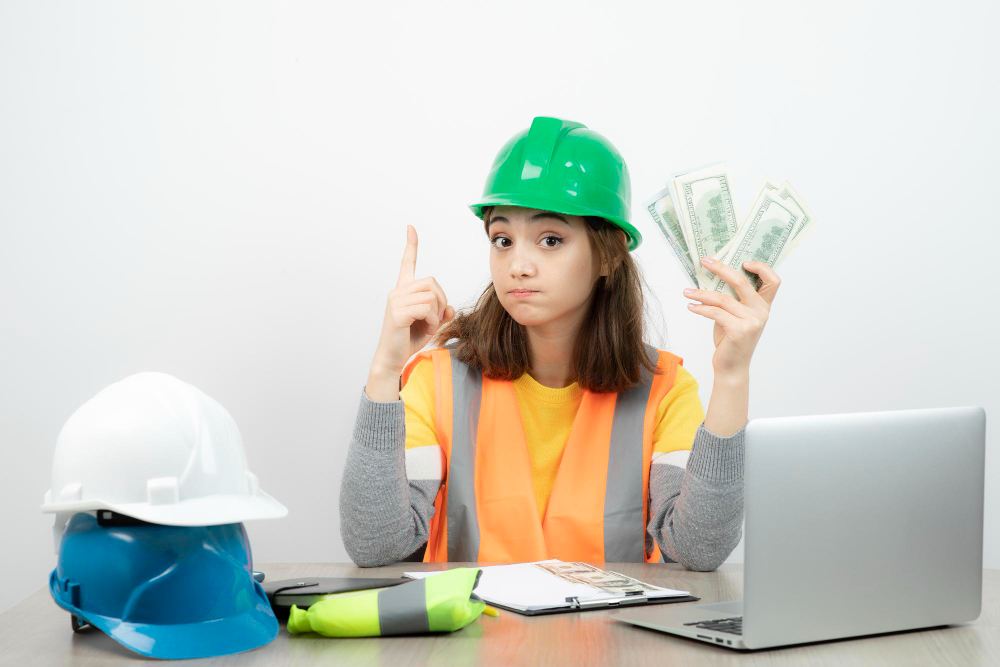 Gaji Masinis: Pekerja wanita dengan rompi oranye dan helm hijau duduk di meja kerja.